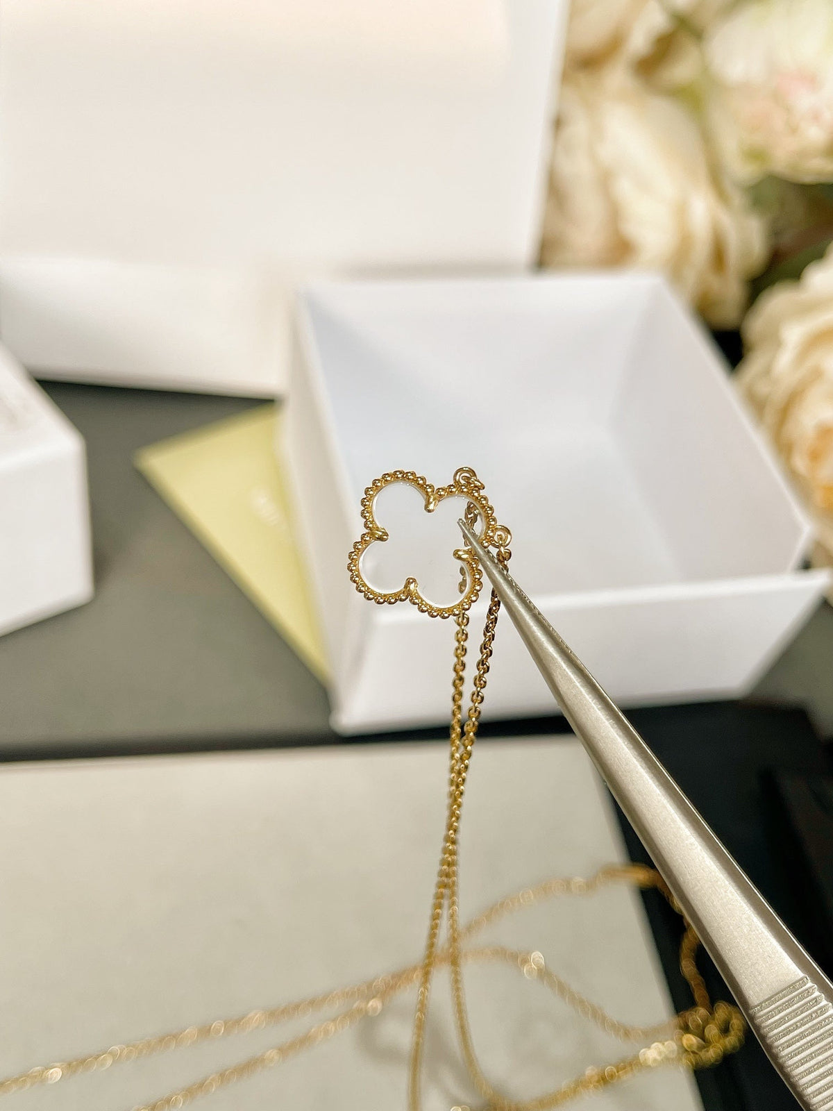 [Resenly Jewelry] クローバー ロッククリスタル ローズゴールド ネックレス