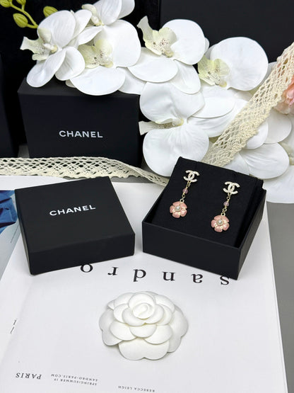 [Resenly Jewelry]26C Pink Camellia Enamel Pendant with Double C Earrings