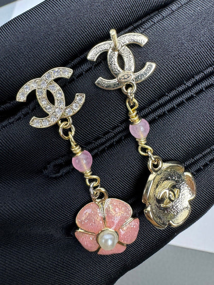 [Resenly Jewelry]26C Pink Camellia Enamel Pendant with Double C Earrings
