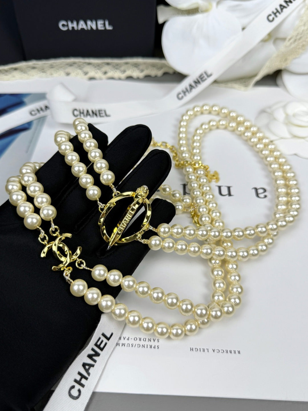 [Resenly Jewelry]25K Pencil Double C Double-Layer Pearl Sweater Chain