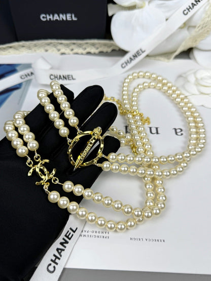 [Resenly Jewelry]25K Pencil Double C Double-Layer Pearl Sweater Chain