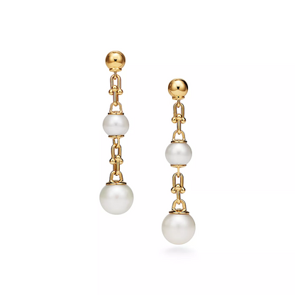 [Resenly Jewelry]TRIPLE DROP LINK EARRINGS GOLD WITH FRESHWATER PEARLS