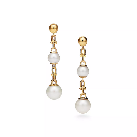 [Resenly Jewelry] トリプルドロップリンクピアス ゴールド（淡水パール付き）