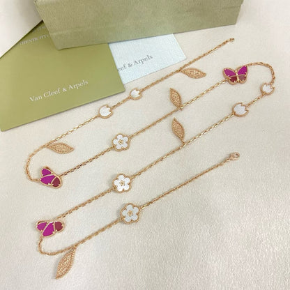 [Resenly Jewelry]ROSE QUARTZ MIXED FLOWER BUTTERFLY SWEATER CHAIN