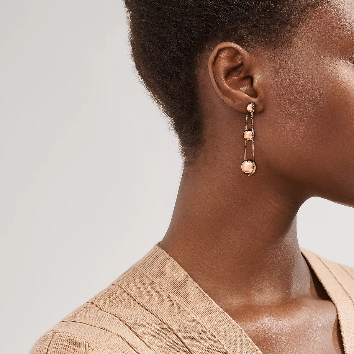 [Resenly Jewelry]TRIPLE DROP PINK GOLD EARRINGS