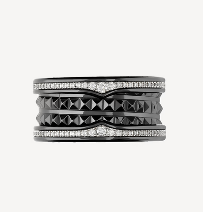 [Resenly Jewelry]ZERO 1 ROCK FOUR-BAND BLACK CERAMIC WITH STUDDED SPIRAL AND PAVED DIAMONDS RING