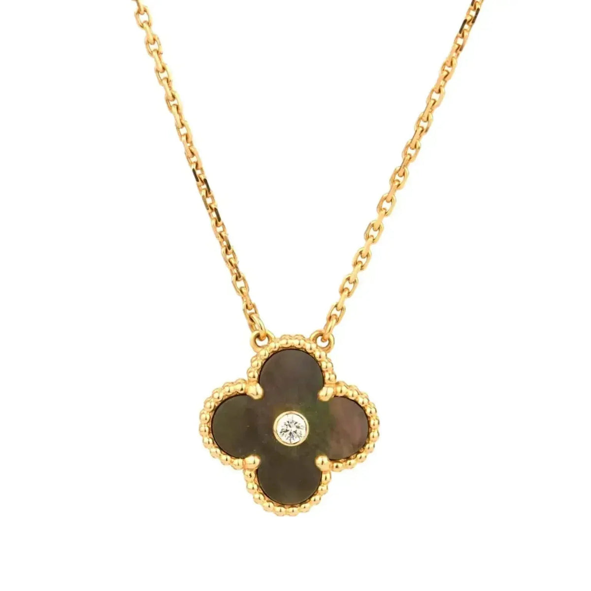 [Resenly Jewelry] クローバー 15mm ダイヤモンド＆グレーマザーオブパール ネックレス