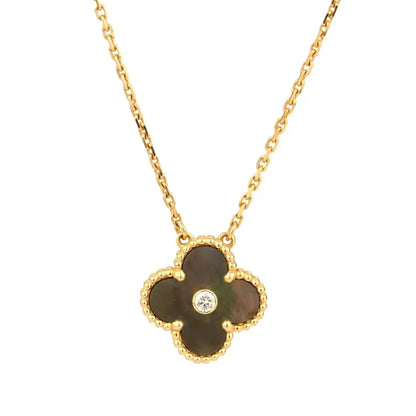 [Resenly Jewelry] クローバー 15mm ダイヤモンド＆グレーマザーオブパール ネックレス