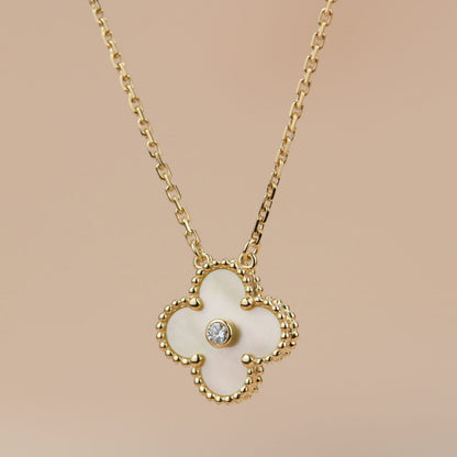 [Resenly Jewelry] クローバー 15mm ダイヤモンド ゴールド マザーオブパール ネックレス