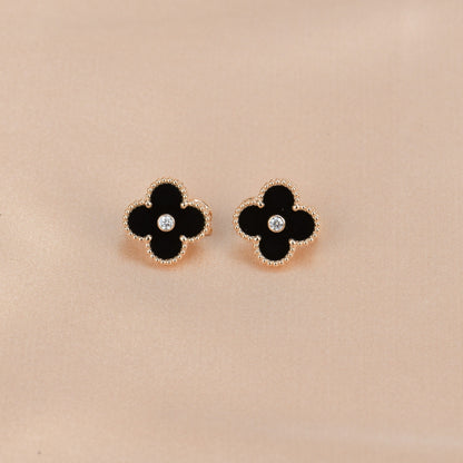[Resenly Jewelry]CLOVER MEDIUM 1 MOTIFS ONYX DIAMOND EARRINGS