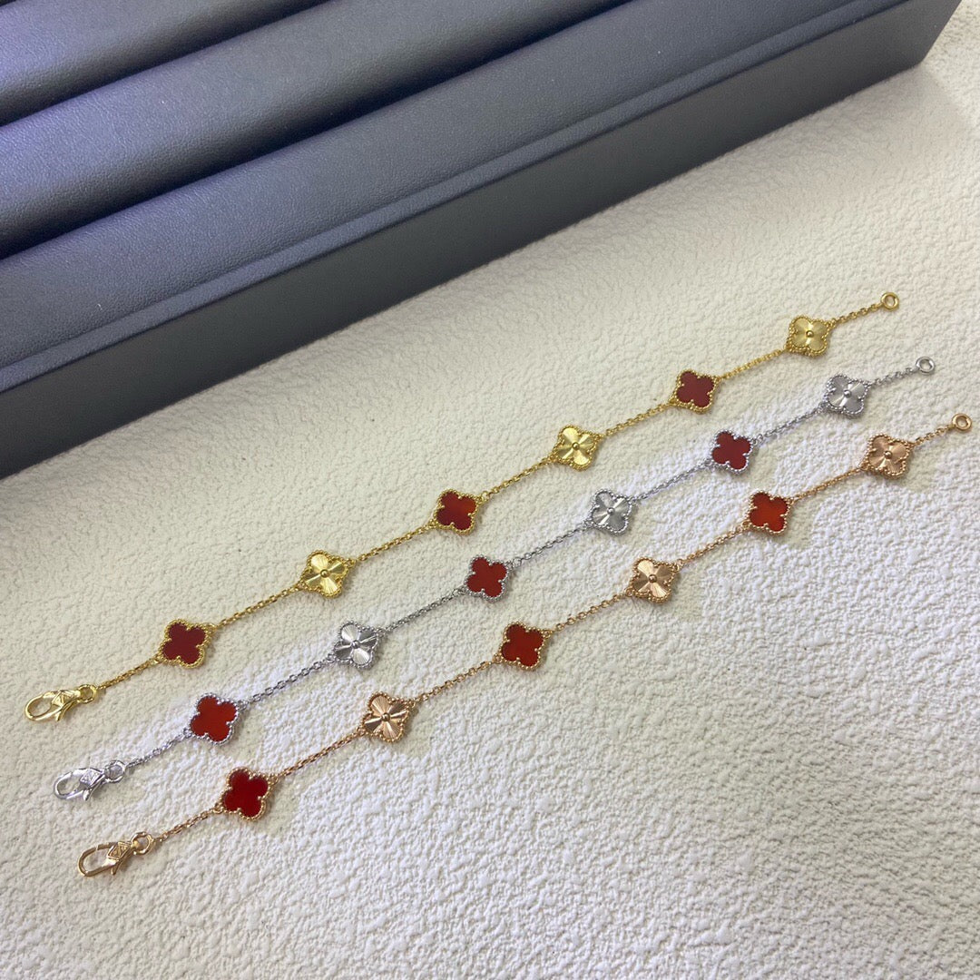 [Resenly Jewelry] クローバー 6モチーフ レッドアゲート レーザーブレスレット