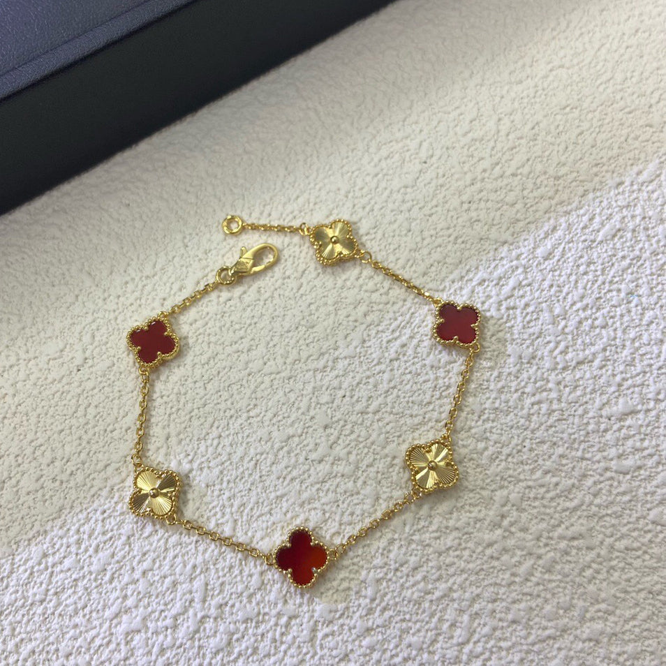 [Resenly Jewelry] クローバー 6モチーフ レッドアゲート レーザーブレスレット