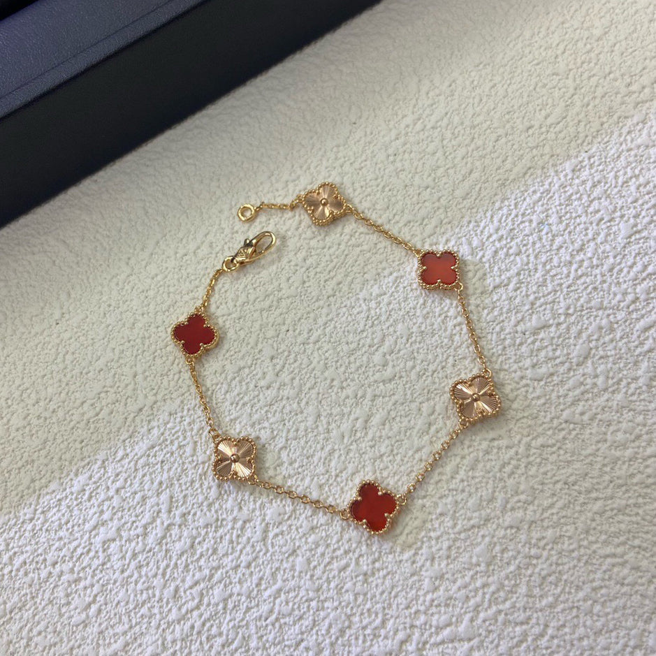 [Resenly Jewelry] クローバー 6モチーフ レッドアゲート レーザーブレスレット