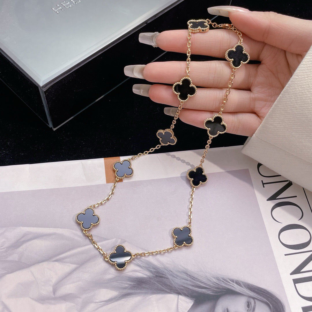 [Resenly Jewelry]CLOVER 10 MOTIFS ONYX NECKLACE