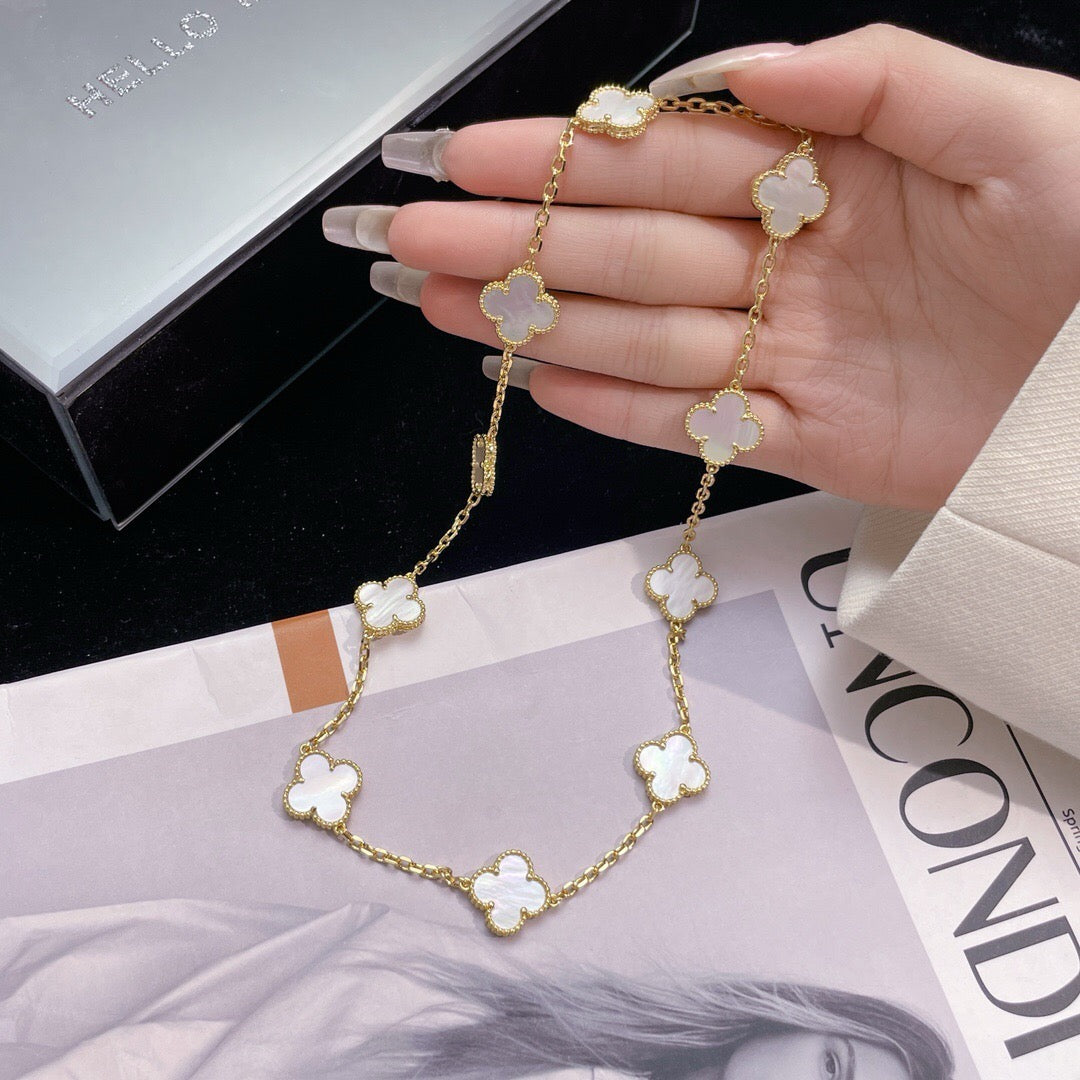 [Resenly Jewelry] クローバー 10モチーフ ホワイトマザーオブパール ネックレス