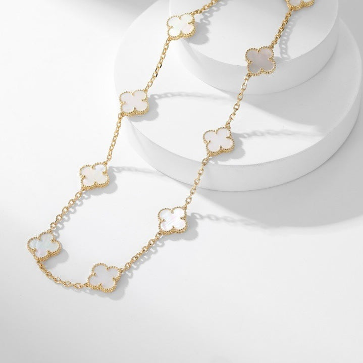 [Resenly Jewelry] クローバー 10モチーフ ホワイトマザーオブパール ネックレス