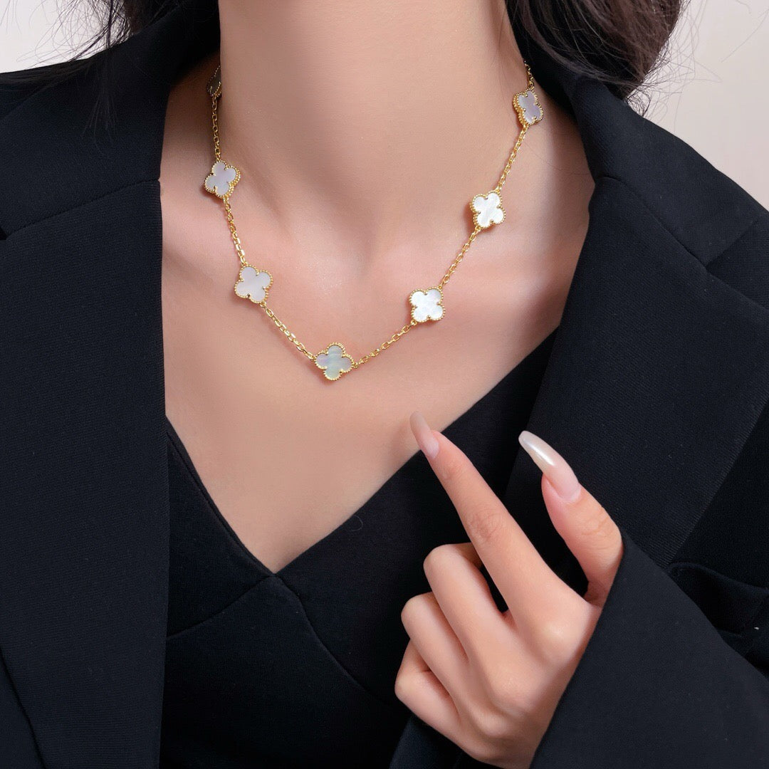 [Resenly Jewelry] クローバー 10モチーフ ホワイトマザーオブパール ネックレス
