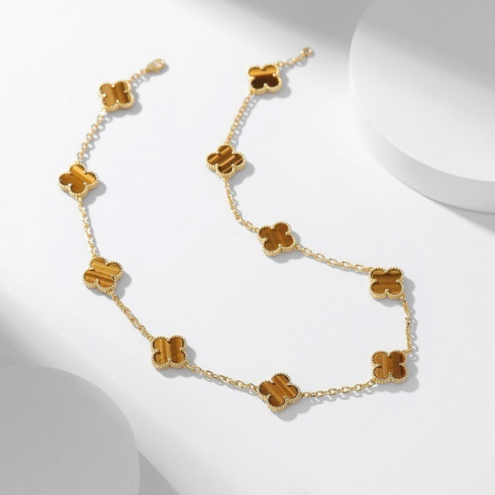 [Resenly Jewelry] クローバー 10モチーフ タイガーアイ ネックレス