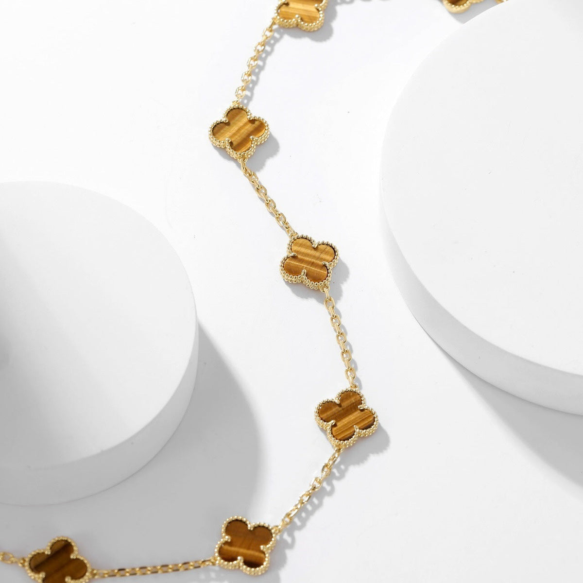 [Resenly Jewelry] クローバー 10モチーフ タイガーアイ ネックレス