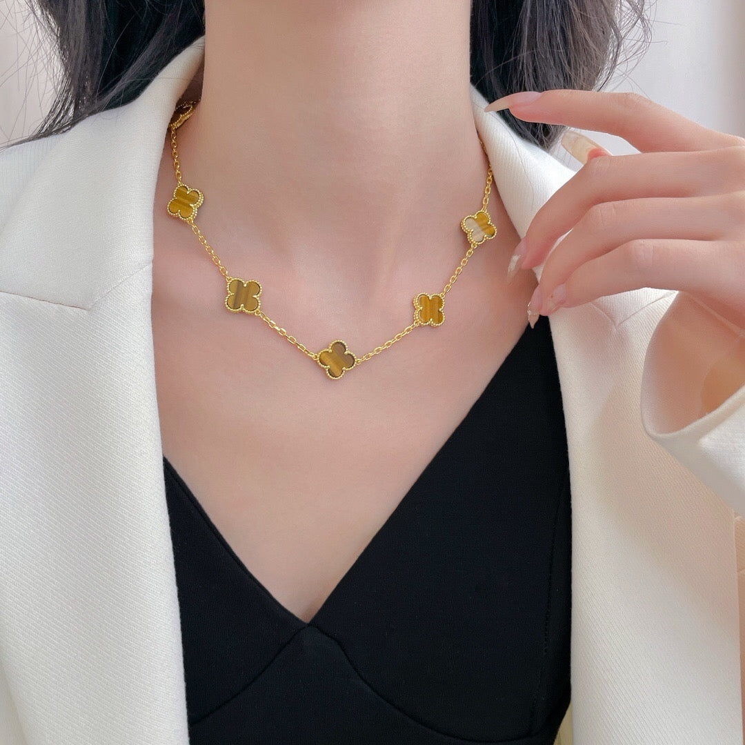 [Resenly Jewelry] クローバー 10モチーフ タイガーアイ ネックレス