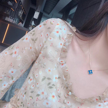 [Resenly Jewelry]CLOVER 15MM DIAMOND AND BLUE AGATE NECKLACE