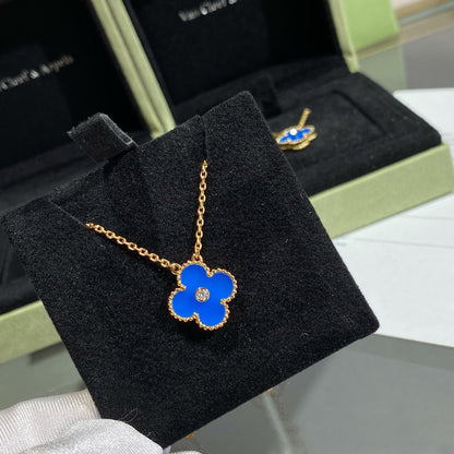 [Resenly Jewelry]CLOVER 15MM DIAMOND AND BLUE AGATE NECKLACE