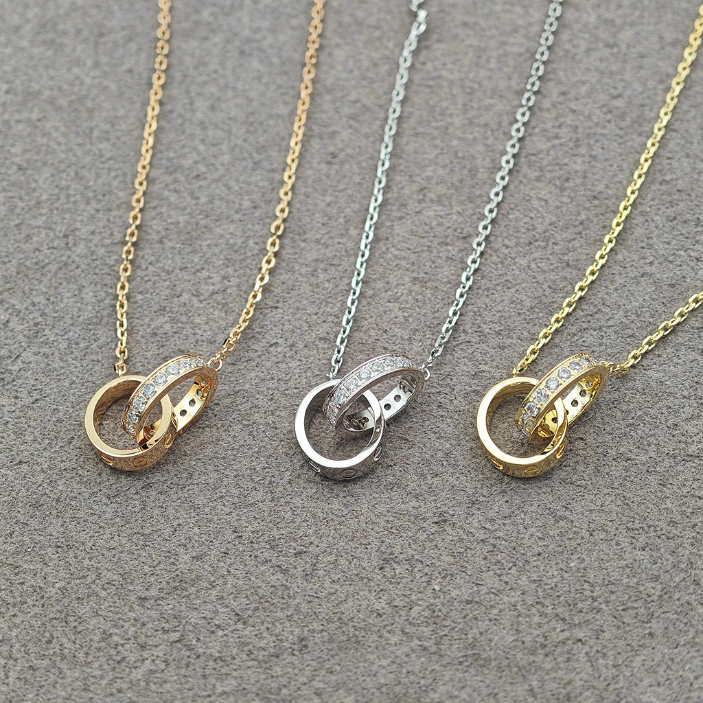[Resenly Jewelry]LOVE DOUBLE RING HALF DIAMOND NECKLACE