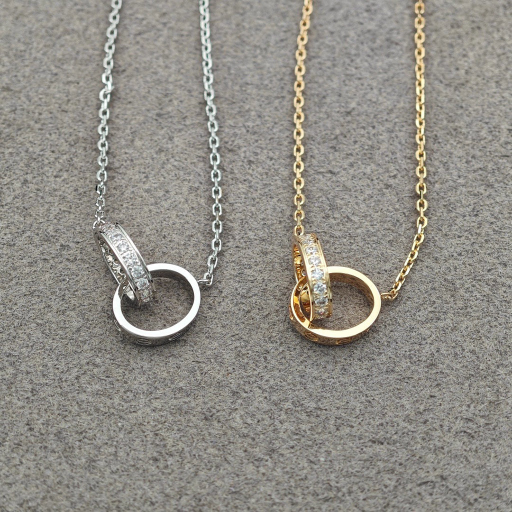 [Resenly Jewelry]LOVE DOUBLE RING HALF DIAMOND NECKLACE