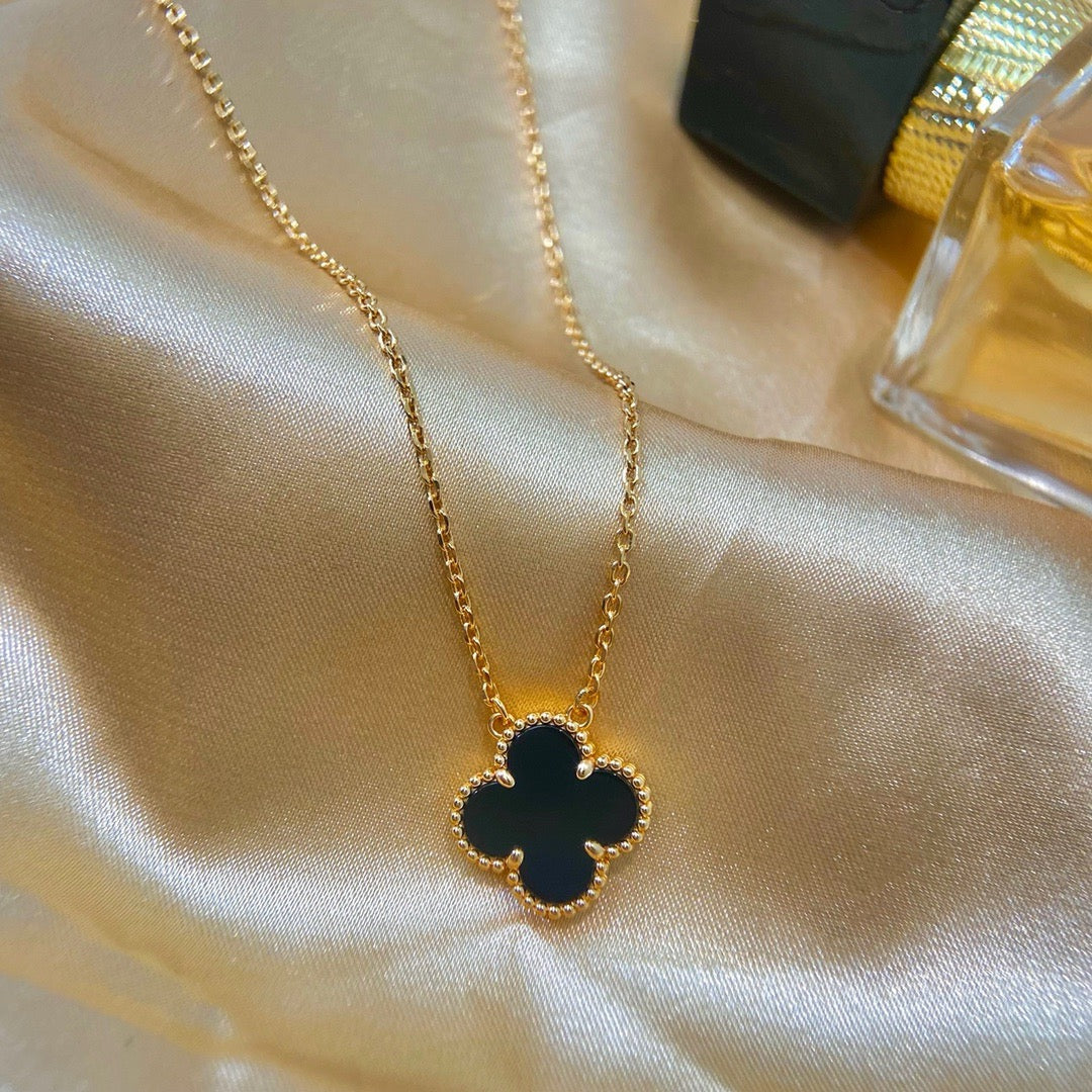 [Resenly Jewelry]CLOVER 15MM BLACK ONYX SINGLE FLOWER NECKLACE