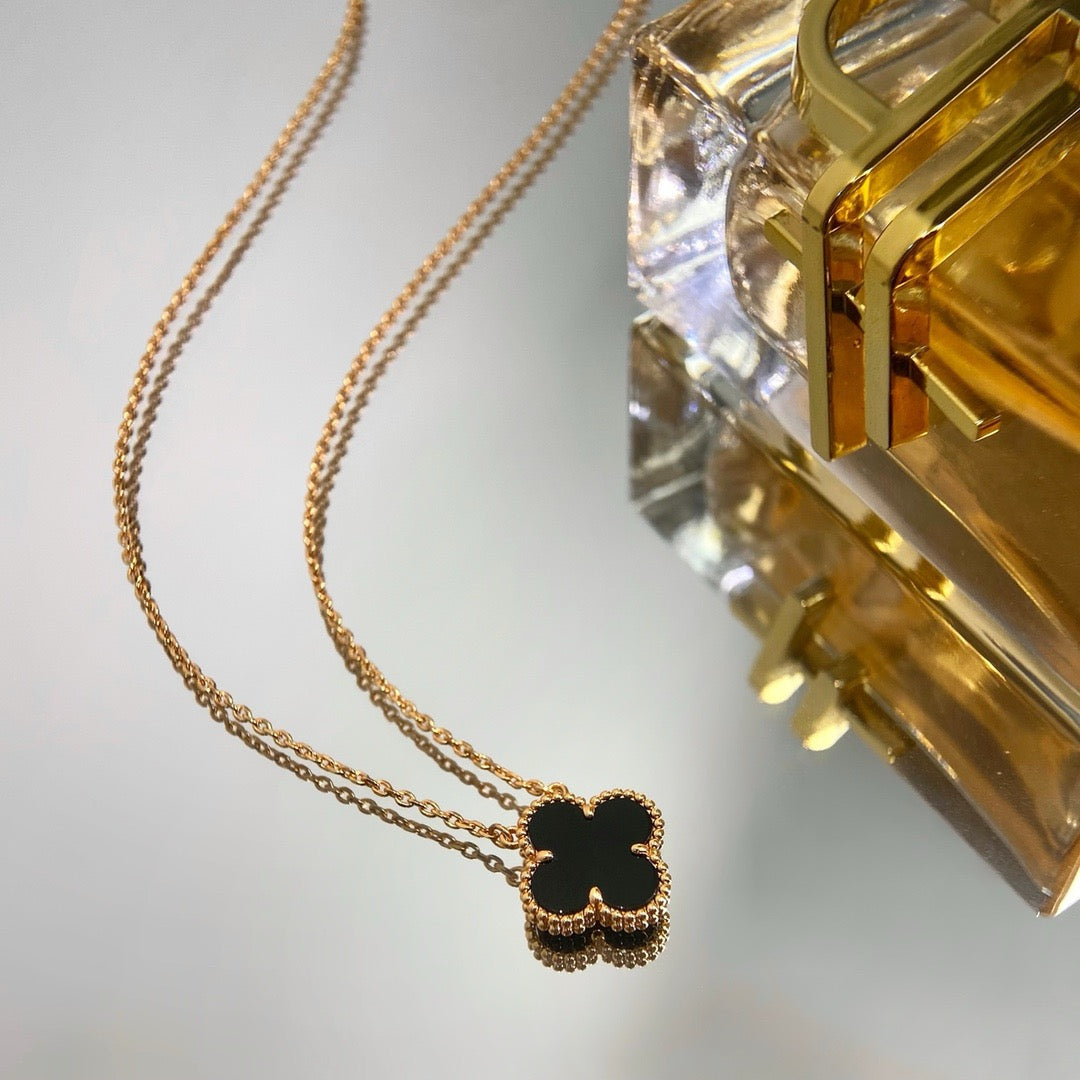 [Resenly Jewelry]CLOVER 15MM BLACK ONYX SINGLE FLOWER NECKLACE