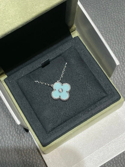 [Resenly Jewelry]クローバー 1 ダイヤモンド ライトブルー シルバーネックレス