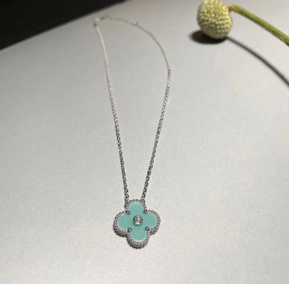 [Resenly Jewelry]クローバー 1 ダイヤモンド ライトブルー シルバーネックレス