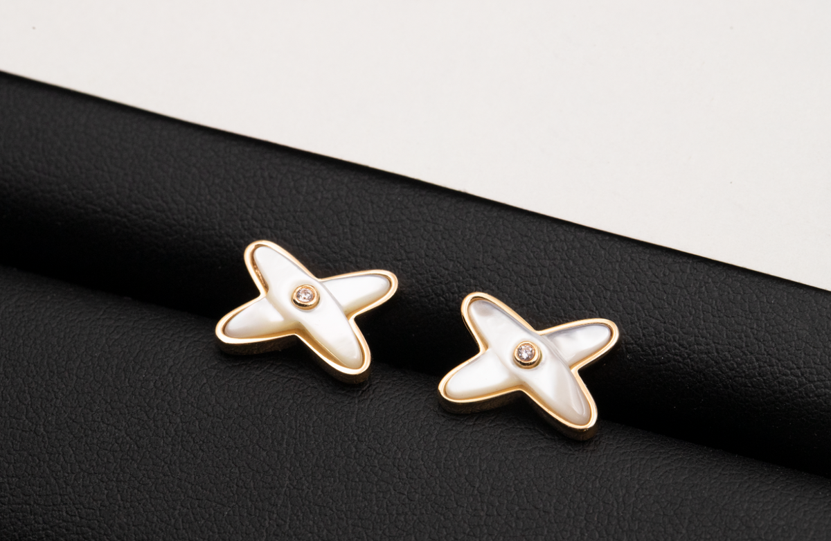 [Resenly Jewelry]JEUX DE WHITE MOP ROSE GOLD DIAMOND EARRINGS