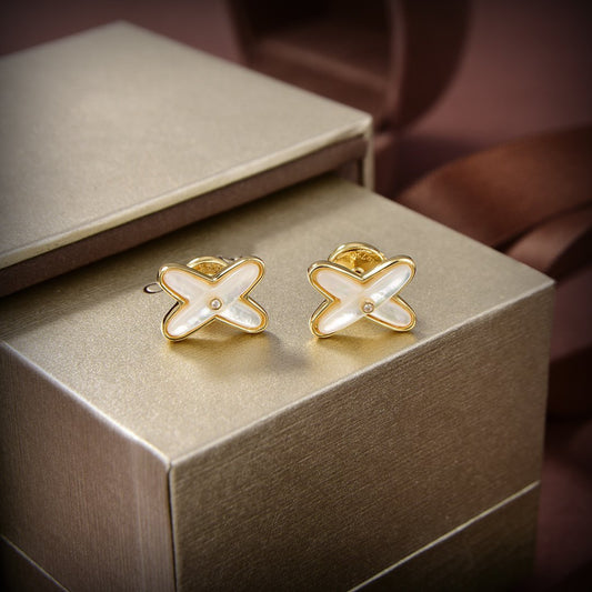 [Resenly Jewelry]JEUX DE WHITE MOP GOLD DIAMOND EARRINGS