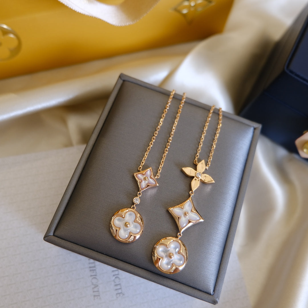 [Resenly Jewelry]COLOR BLOSSOM LARIAT NECKLACE PINK GOLD WHITE MOTHER PEARL AND DIAMOND