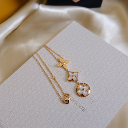 [Resenly Jewelry]COLOR BLOSSOM LARIAT NECKLACE PINK GOLD WHITE MOTHER PEARL AND DIAMOND