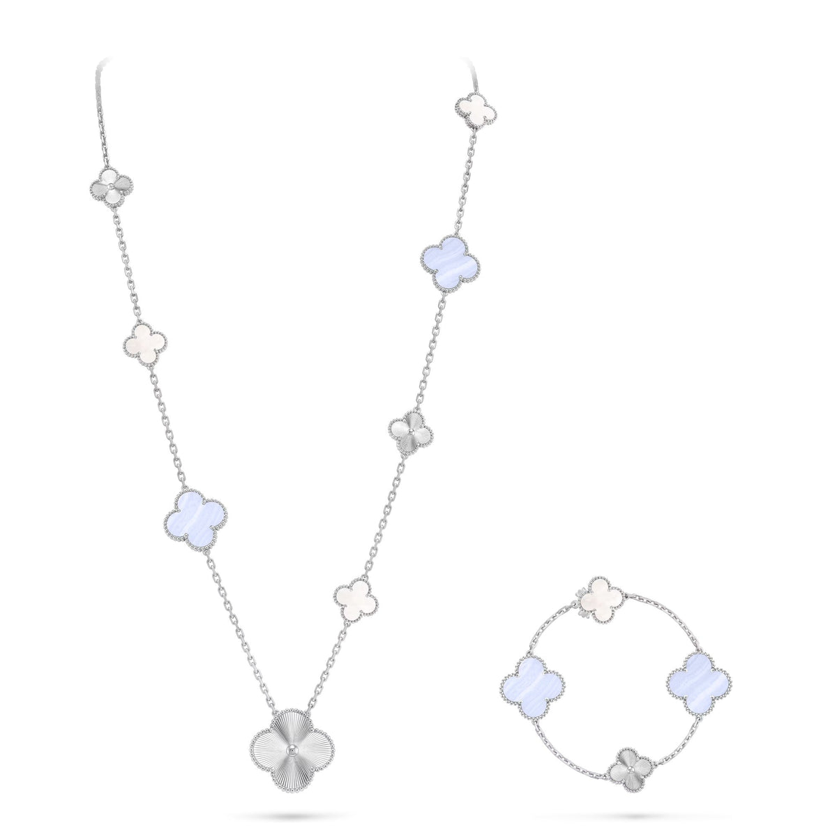 [Resenly Jewelry]DETACHABLE CLOVER 15(11+4) FLOWER SILVER NECKLACE SET