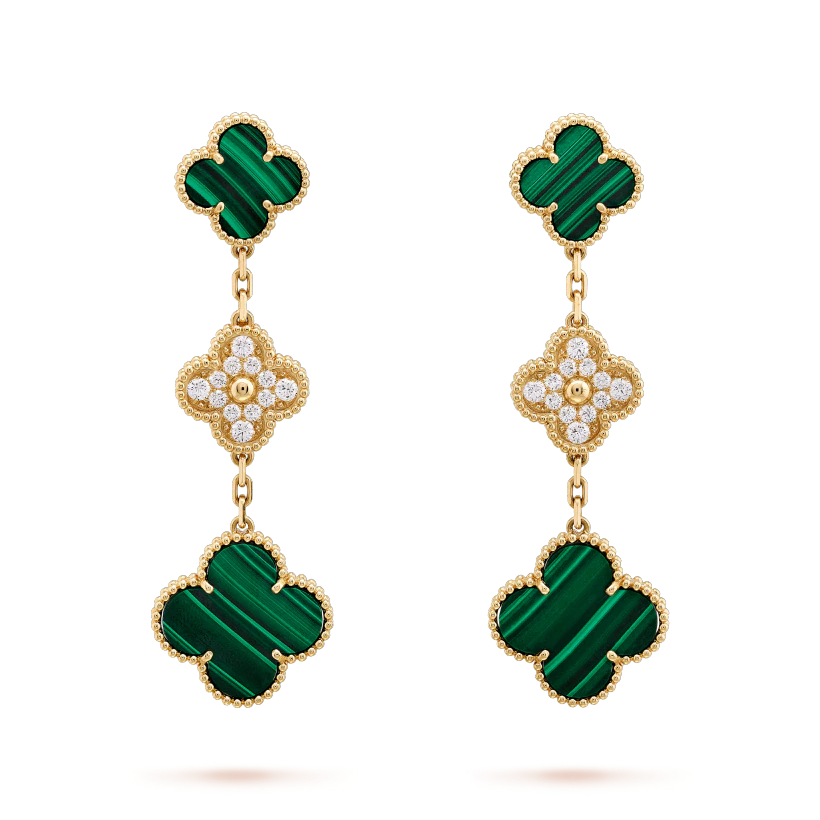 [Resenly Jewelry] クローバーピアス ゴールド マラカイト ダイヤモンド 3モチーフ