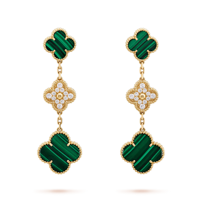[Resenly Jewelry] クローバーピアス ゴールド マラカイト ダイヤモンド 3モチーフ