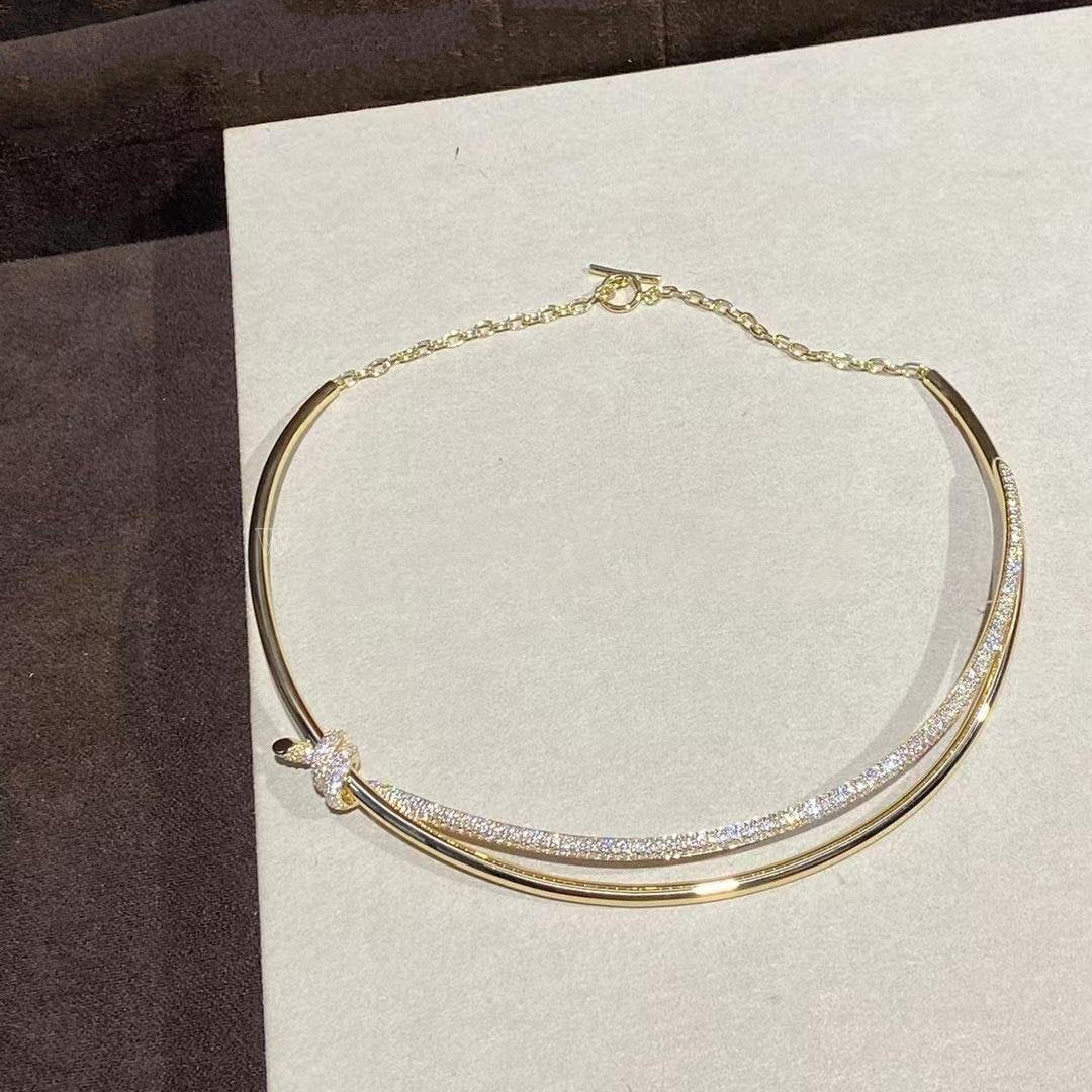 [Resenly Jewelry]KNOT DOUBLE ROW NECKLACE IN YELLOW GOLD WITH DIAMONDS