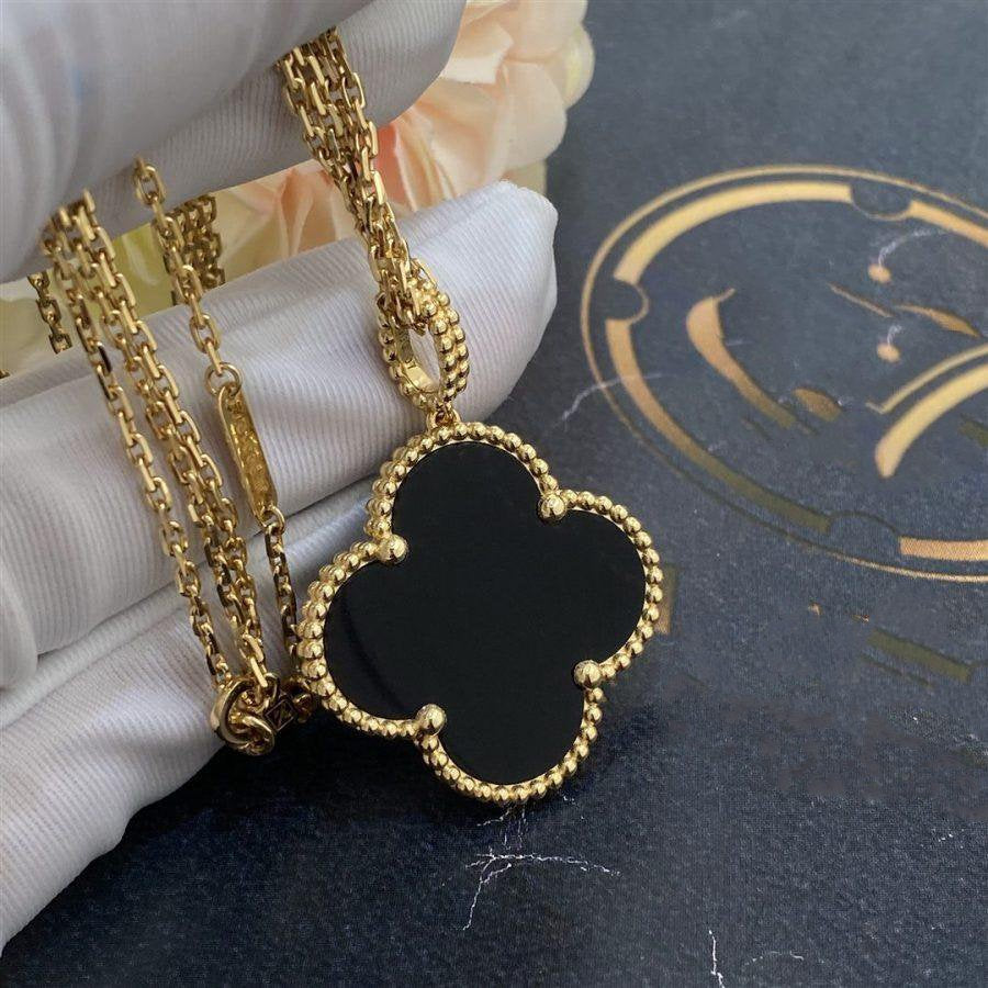 [Resenly Jewelry]CLOVER 25MM GOLD ONYX BIG CLOVER NECKLACE