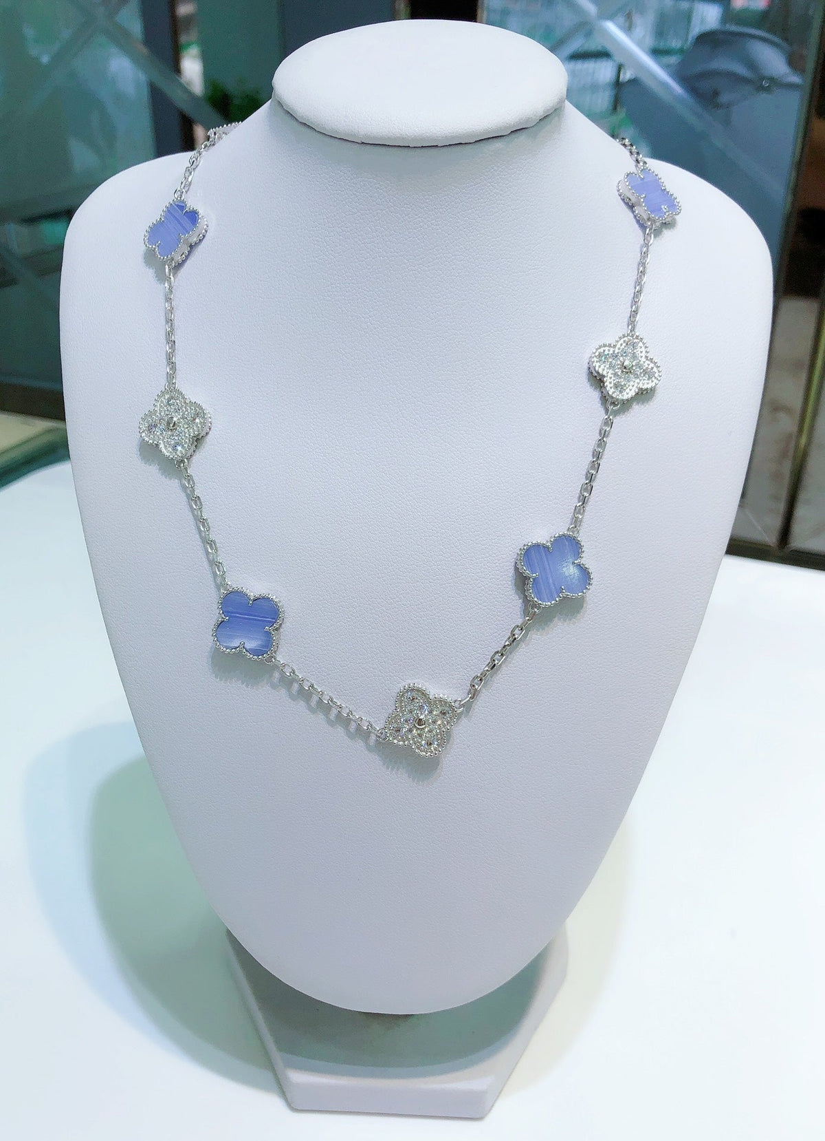 [Resenly Jewelry]CLOVER 10 MOTIFS CHALCEDONY DIAMONDS SILVER NECKLACE