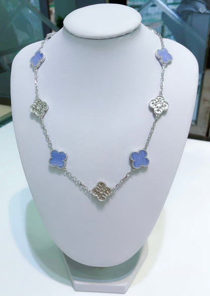 [Resenly Jewelry]CLOVER 10 MOTIFS CHALCEDONY DIAMONDS SILVER NECKLACE