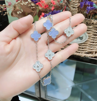 [Resenly Jewelry]CLOVER 10 MOTIFS CHALCEDONY DIAMONDS SILVER NECKLACE
